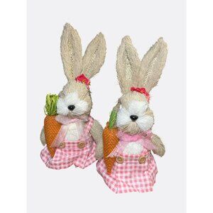 Straw Bunny Figurines In Pink Gingham Dresses With Carrots Set of 2